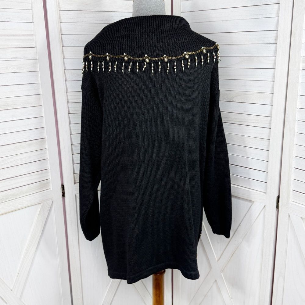 Vintage Victoria Jones 90s Floral Beaded Cowl Neck Tunic Sweater Black Medium - Picture 4 of 11